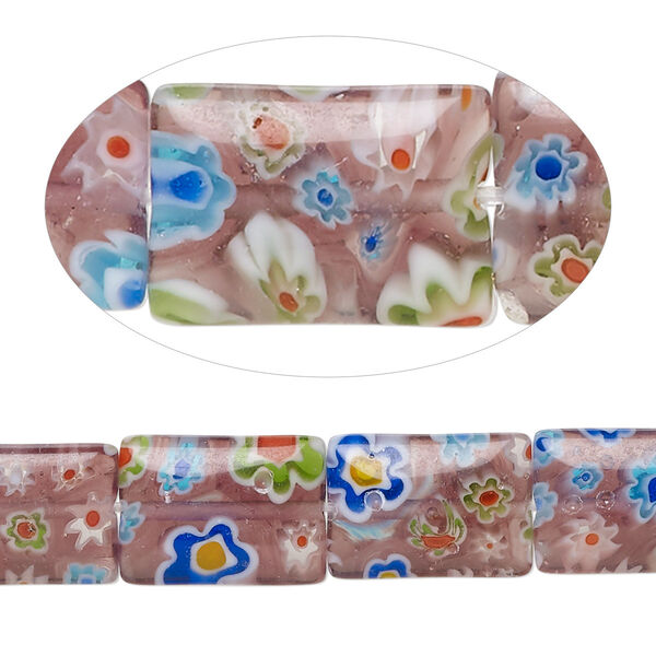 Bead, millefiori glass, translucent plum and multicolored, 14x10mm puffed rectangle. Sold per 15-inch strand, approximately 30 beads. image number 0