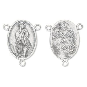 Connector, antiqued sterling silver, 22x16mm double-sided oval rosary center, Jesus Divine Mercy with 3 loops, "Pray for us" on back. Sold individually.