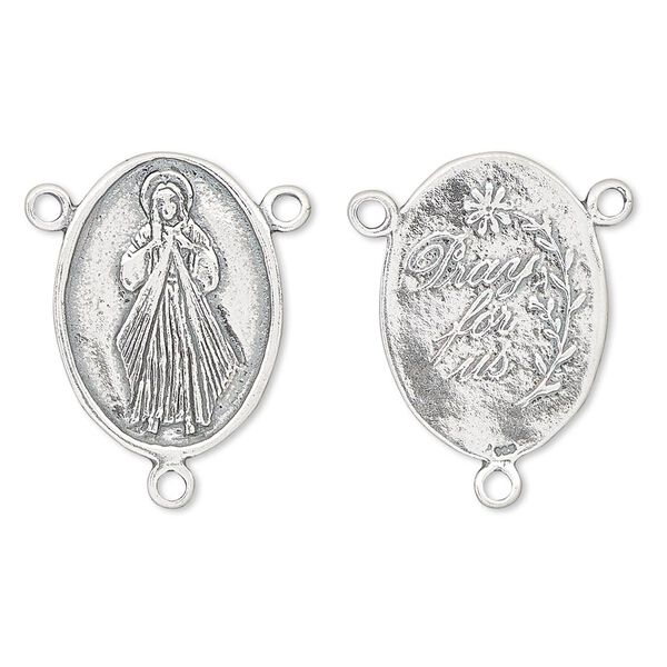 Connector, antiqued sterling silver, 22x16mm double-sided oval rosary center, Jesus Divine Mercy with 3 loops, "Pray for us" on back. Sold individually. image number 0