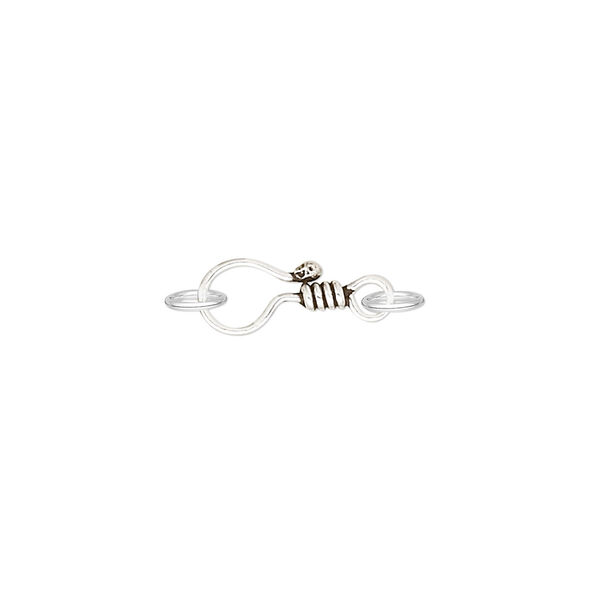 Clasp, hook-and-eye, antiqued sterling silver, 11x6mm with lines and 2 jump rings. Sold per pkg of 2. image number 0