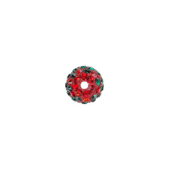 Bead, Egyptian glass rhinestone / epoxy / resin, white / red / green, 10mm round with pav&eacute; wave design. Sold individually. image number 1