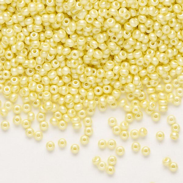 Seed bead, Preciosa Ornela Czech glass, pkg/50g, #11 rocaille, opaque PermaLux dyed yellow chalkwhite, (22001). image number 0