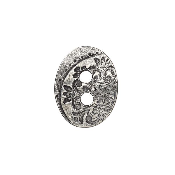 Button, TierraCast®, "Vida Mas Dulce" collection, antiqued pewter (tin-based alloy), 18x14mm two-sided slightly domed oval with jardin design and (2) 2.5mm holes. Sold per pkg of 20. image number 0