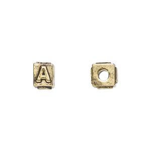 Bead, antique gold-plated pewter (tin-based alloy), 8x6mm rectangle with alphabet letter "A." Sold per pkg of 4.