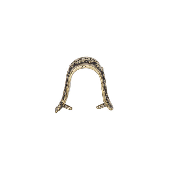 Bail, ice-pick, antiqued brass, 15x8mm fancy shield with leafy vine design, 12mm grip length. Sold individually. image number 1