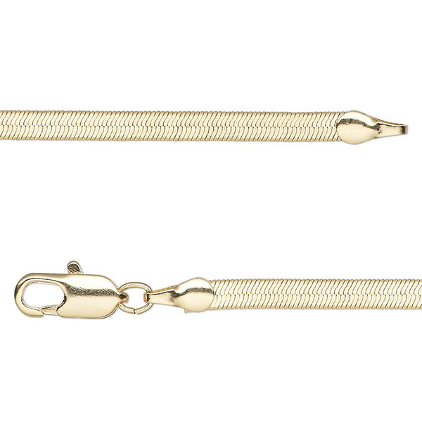 Chain, gold-finished brass, 3mm herringbone, 18 inches with lobster claw clasp. Sold individually. image number 0