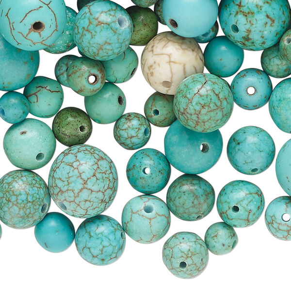Bead mix, magnesite (dyed / stabilized), blue-green, 5-10mm round, B grade, Mohs hardness 3-1/2 to 4. Sold per 1/2 pound pkg, approximately 450 beads. image number 0