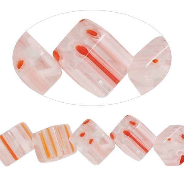 Bead, millefiori glass, translucent and transparent white / clear / orange, 8mm diagonally-drilled cube with 0.6-0.8mm hole. Sold per 15-inch strand. image number 0