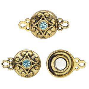 Clasp magnetic 1pkg2 "pewter" (zinc alloy), 12mm double-sided round, antique gold-finished / aqua blue rhinestone 1-strand