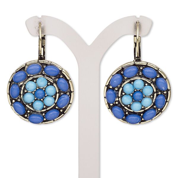 Earring, resin with antique gold-finished brass and "pewter" (zinc-based alloy), blue and light blue, 32mm with round and leverback ear wire. Sold per pair. image number 0