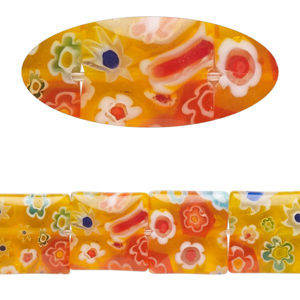Bead, millefiori glass, translucent orange and multicolored, 11mm-13x12mm puffed square with flower design. Sold per 14-inch strand. image number 0