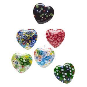 Bead, millefiori glass, translucent multicolored, 16-21mm half-drilled puffed heart with flower, star and tree design. Sold per pkg of 6.