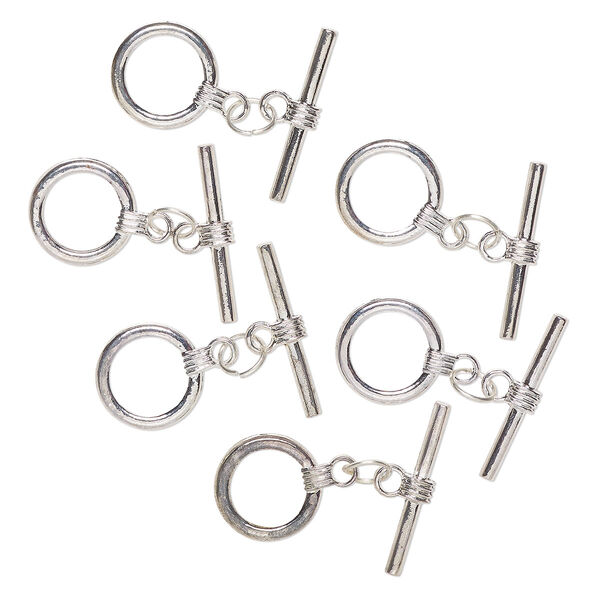 Clasp, toggle, "pewter" (zinc-based alloy), pkg/6, 15mm round, silver finish. image number 0