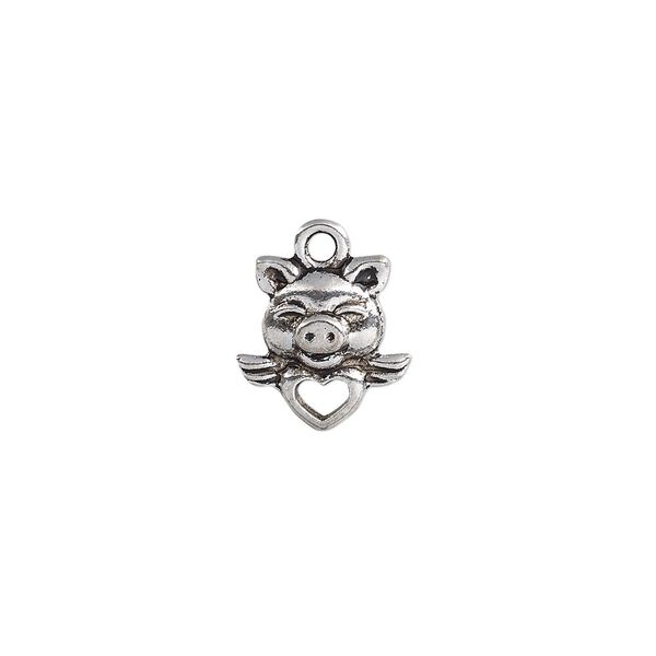 Charm, antique silver-plated "pewter" (zinc-based alloy), 13x12.5mm double-sided pig face with heart and wings. Sold per pkg of 20. image number 0