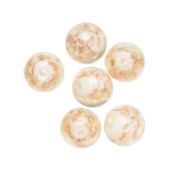 Bead, lampworked glass, clear /opaque white/ glow-in-the-dark / gold, 10mm round. Sold per pkg of 6. image number 0