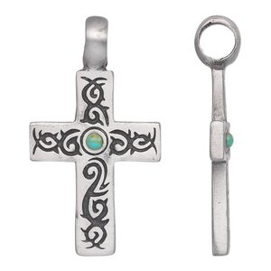Pendant 1pkg1, antiqued pewter (tin-based alloy) and "turquoise" (imitation) resin, blue, 46x26mm single-sided cross.