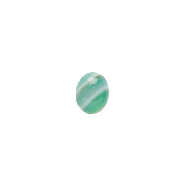 Cabochon, striped green agate (dyed), 10x8mm calibrated oval, B grade, Mohs hardness 6-1/2 to 7. Sold per pkg of 10. image number 0