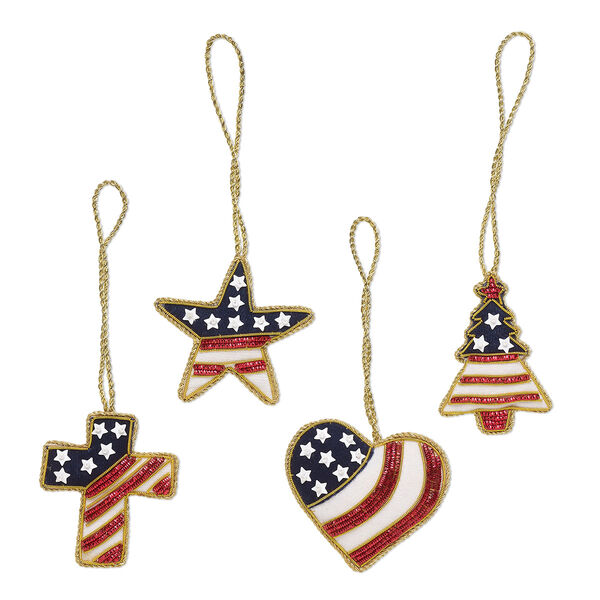 Ornament, gold-finished copper / velveteen / plastic, red / white / blue, assorted single-sided shapes and sizes with stars and stripes design and glass beads. Sold per pkg of 4. image number 0
