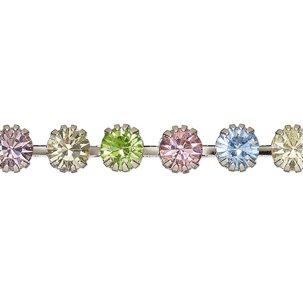 Cupchain, VINTAGE Crystal™, imitation rhodium-plated brass and crystal, multi-pastel, 7mm round. Sold per pkg of 1 meter. image number 0