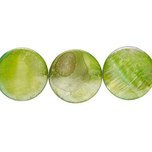 Mother-of-pearl shell 1pkg1, puffed flat round bead 15 inch green apple 15-16mm