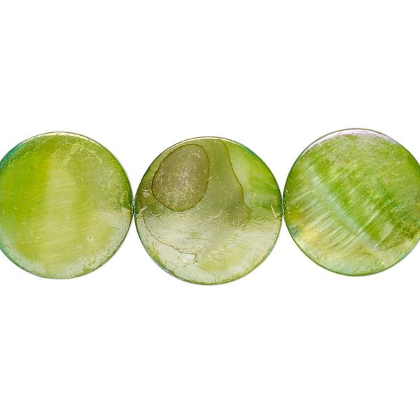 Mother-of-pearl shell 1pkg1, puffed flat round bead 15 inch green apple 15-16mm image number 0