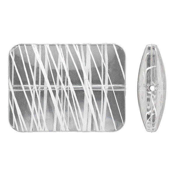 Bead, acrylic, semitransparent clear and white, 40x30mm puffed rectangle with painted line design. Sold per pkg of 12. image number 0