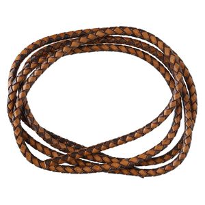 Cord, leather (dyed), pkg/5 feet, 6mm bolo cord braided round, brown and light brown.