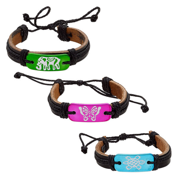 Bracelet, leather (dyed) / waxed cotton cord / plastic, metallic green / pink / turquoise blue, 17mm wide with 36x17mm curved rectangle and butterfly / elephant / turtle design, adjustable from 7-10 inches with macramé knot closure. Sold per pkg of 3. image number 0