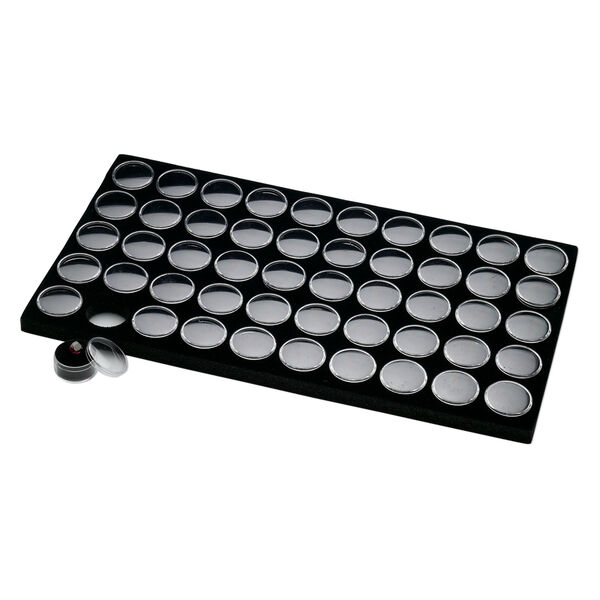 Display insert, faceted gems, foam and acrylic, black and clear, 14 x 7-3/4 x 3/4 inches with (50) 1-1/8 x 3/4 inch reclosable vials, fits standard full tray. Sold individually. image number 1