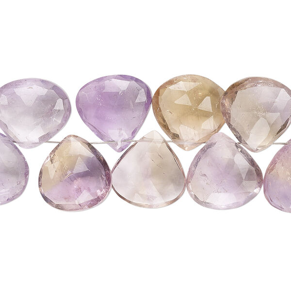 Bead, amethyst / citrine / ametrine (natural / heated), 11x10mm-13x13mm hand-cut top-drilled faceted puffed teardrop, C grade, Mohs hardness 7. Sold per 4-inch strand. image number 0