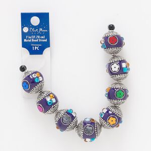 Bead, antique silver-finished "pewter" (zinc-based alloy) / steel / acrylic / glass / resin, multicolored, 22mm round with 3mm hole. Sold per 7-inch strand.