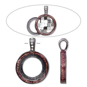 Pendant, Almost Instant Jewelry®, epoxy / crystals / gunmetal-finished "pewter" (zinc-based alloy), rose pink and crystal clear with glitter, 33x24mm single-sided with 20mm round setting. Sold individually.