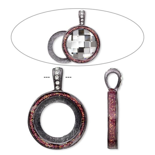 Pendant, Almost Instant Jewelry®, epoxy / crystals / gunmetal-finished "pewter" (zinc-based alloy), rose pink and crystal clear with glitter, 33x24mm single-sided with 20mm round setting. Sold individually. image number 0