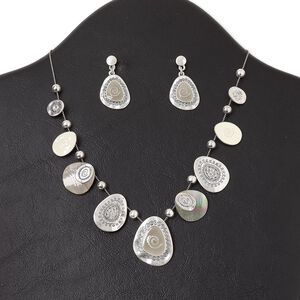 Necklace and earring set, antique silver-plated "pewter" (zinc-based alloy) and steel / enamel / glass rhinestone / black lip shell (natural), multicolored, teardrop with swirls, 15" to 16" necklace with lobster claw clasp and 3-inch extender chain, 1-1/4 inch earring with post. Sold per set.