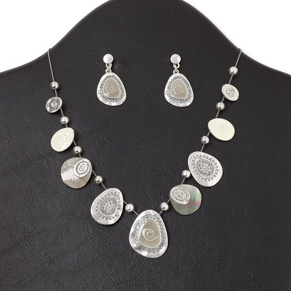 Necklace and earring set, antique silver-plated "pewter" (zinc-based alloy) and steel / enamel / glass rhinestone / black lip shell (natural), multicolored, teardrop with swirls, 15" to 16" necklace with lobster claw clasp and 3-inch extender chain, 1-1/4 inch earring with post. Sold per set. image number 0