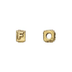 Bead, antique gold-plated pewter (tin-based alloy), 8x6mm rectangle with alphabet letter "F.". Sold per pkg of 4.