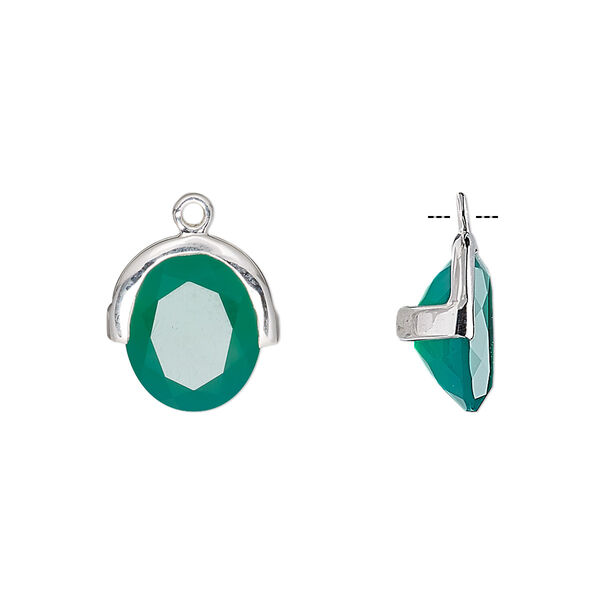 Drop, green onyx (dyed) and sterling silver, 13x12.5mm single-sided faceted oval. Sold individually. image number 0