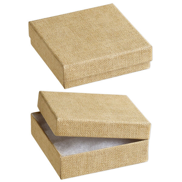 Box, paper and polyester, "cotton"-filled, light gold, 3-1/2 x 3-1/2 x 1-inch square with linen texture. Sold per pkg of 10. image number 0