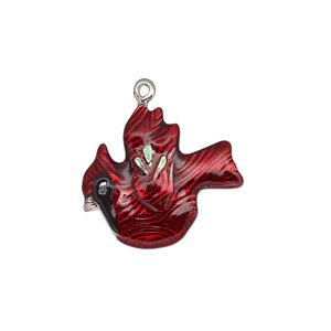 Charm, enamel and silver-plated "pewter" (zinc-based alloy), red / black / green, 22x19mm single-sided Christmas cardinal. Sold individually.