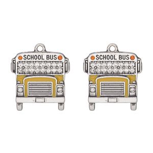 Charm, antique silver-finished "pewter" (zinc-based alloy) / enamel / glass, yellow / red-orange / clear, 23x22mm single-sided school bus. Sold per pkg of 2.