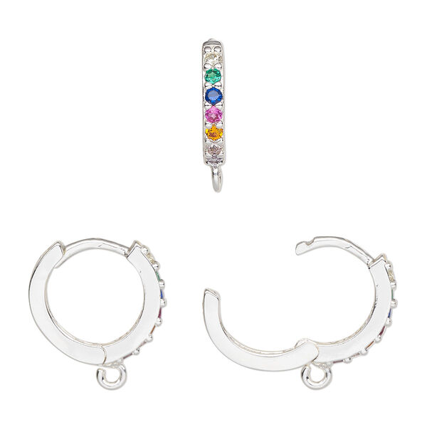 Hoop, silver-finished brass / glass / cubic zirconia, multicolored, 15mm hoop, 17 gauge. Sold per pair. image number 0
