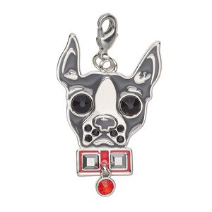 Focal steel crystal enamel 1pk 30x22mm dog with lobster claw clasp, silver finish multicolored