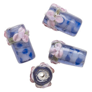 Bead, lampworked glass 1pkg4, multicolored, 24x16mm tube bead with flowers.