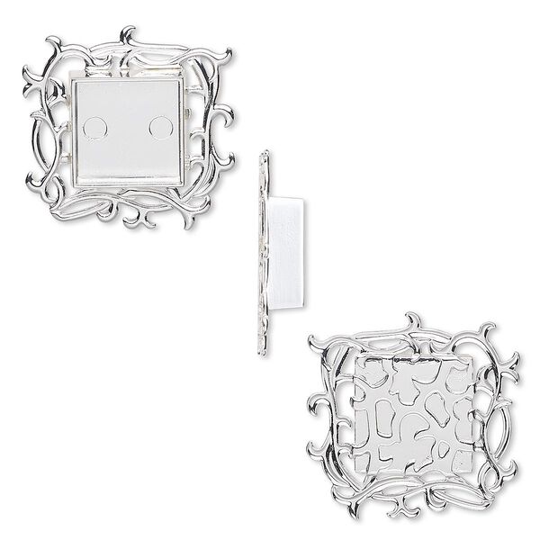 Component, silver-plated "pewter" (zinc-based alloy), 35x35mm square with vines and 17x17mm non-calibrated square setting. Sold individually. image number 0