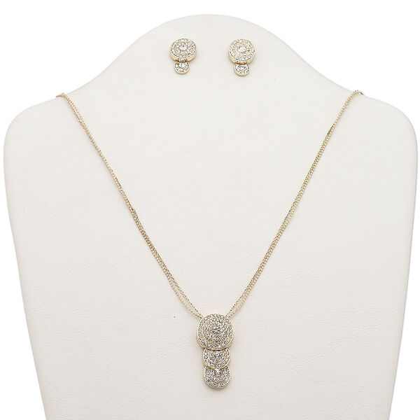 Necklace and earring set, 2-strand, Egyptian glass rhinestone / gold-finished steel / brass / "pewter (zinc-based alloy), clear, 40x20mm triple graduated round, 32-inch necklace with 2-inch extender chain and lobster claw clasp, 22mm earrings with post. Sold per set. image number 0