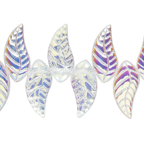Bead, glass, translucent clear AB, 18x8mm top-drilled curved leaf. Sold per 8" strand. image number 0