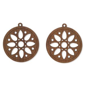 Drop, wood (natural), 25mm double-sided flat round with cutout flower design. Sold per pkg of 2.