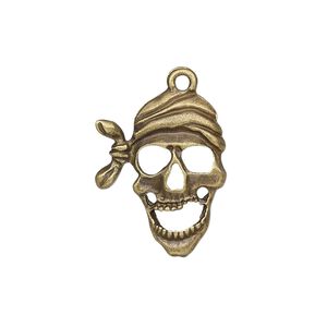 Drop, antique brass-plated "pewter" (zinc-based alloy), 24x19mm single-sided pirate skull. Sold individually.