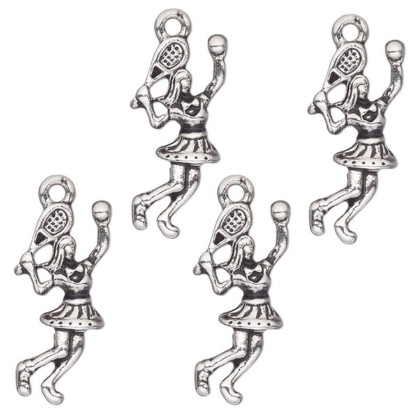 Charm, antique silver-finished "pewter" (zinc-based alloy), 21x10mm single-sided tennis player. Sold per pkg of 4. image number 0