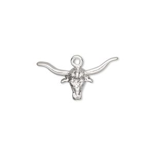 Charm, sterling silver, 23x12mm single-sided steer head. Sold individually.